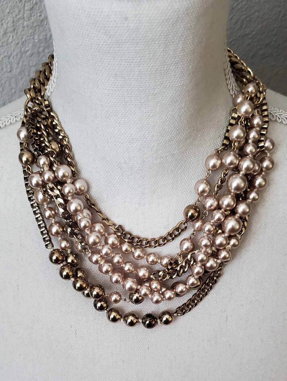 Stella & Dot Champagne Pearl Gold Chain Multi Strand Statement Necklace Retired